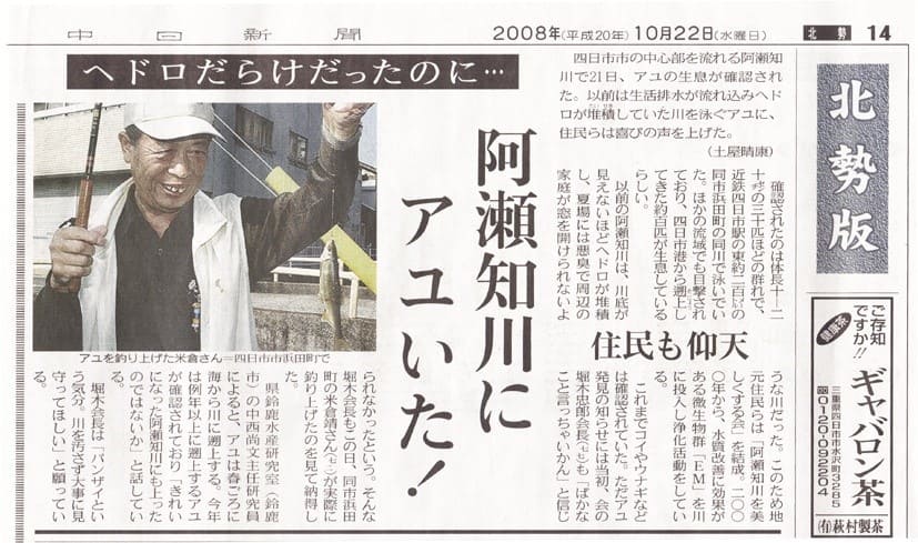 From Chunichi Newspaper on October 22, 2008
An article about Ayu fish coming back to Asachi River
