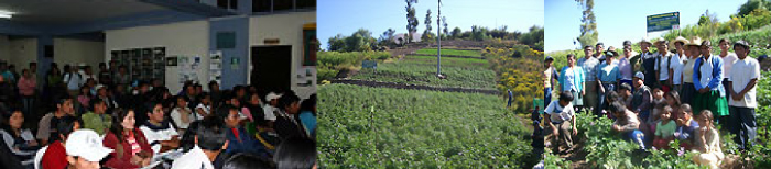 Left: Dr. Higa's lecture given at Peru’s Huaraz Agricultural University 
Center: Field in the Huaraz region in northern Peru
Right: Professor Higa with farmers in Huaraz
Source: "New ・Living a Dream" #17 EM Festa in Central America by Professor Teruo Higa of Meio University