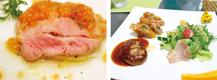 ・Photo on the left: Carpaccio of thigh meat using EM pork（Photo by European Latin Restaurant, Rico tacna)
・Photo on the right: Lunch plate (Photo by Cafe viola)