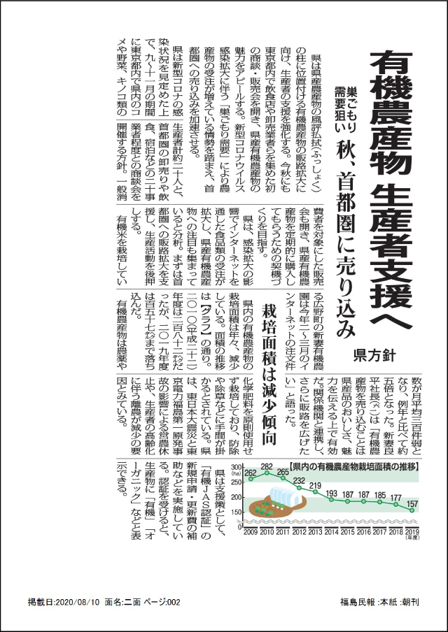 “Supporting organic agricultural producers, 8/10/2020,” provided by Fukushima Minpo Co., Ltd.