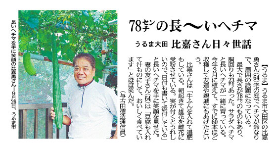 Isamu Higa proudly displays a long loofah in his hand on September 26th, Uruma City.