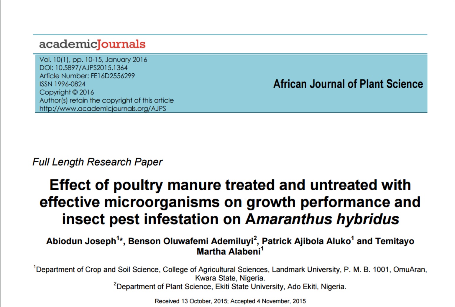 Research Paper at the African Journal of Plant Science