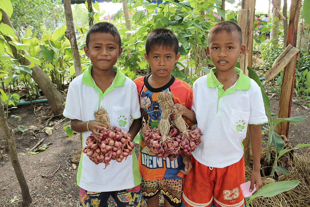 children with organic garlics